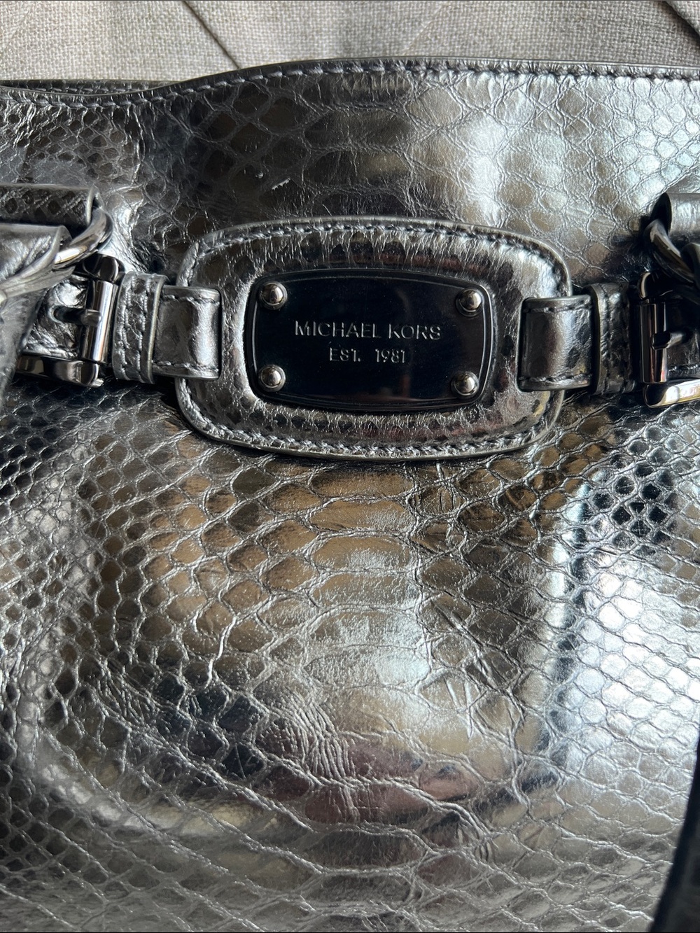 Michael Kors Silver Metallic Snake-Embossed Shoulder Bag